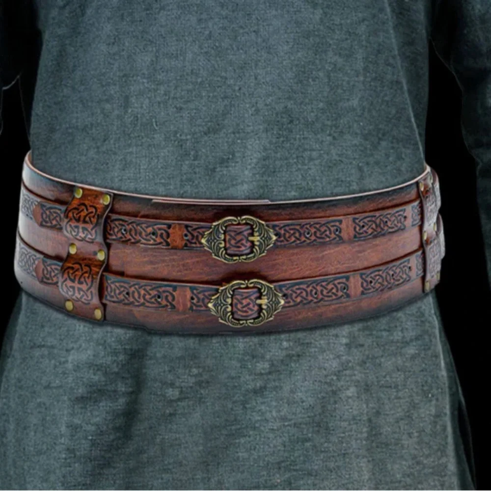 Brown wide faux Leather Belt with antique Gold Buckle Renaissance Eclectic Sz XL